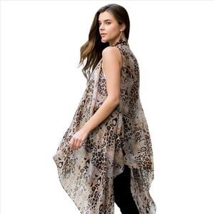 Brown Leopard Pattern Sleeveless Cardigan Kimono Layer Vest Sz OS
